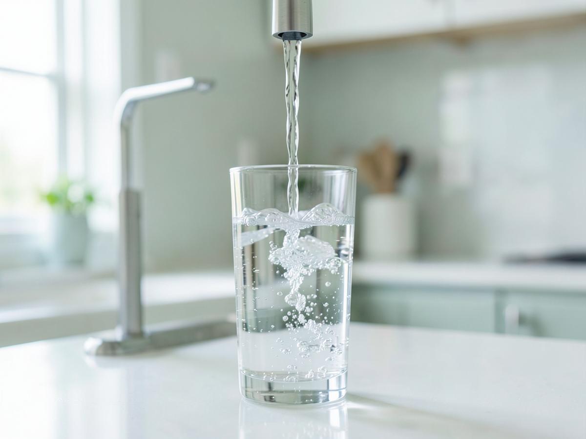 Clear water flowing into a glass in a modern kitchen